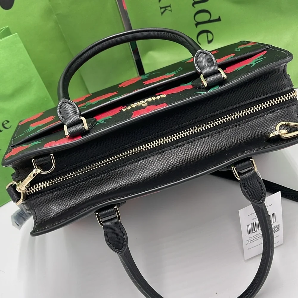 Kate Spade Madison Rose Toss Printed Medium Satchel COLOR: Black Multi NWT
